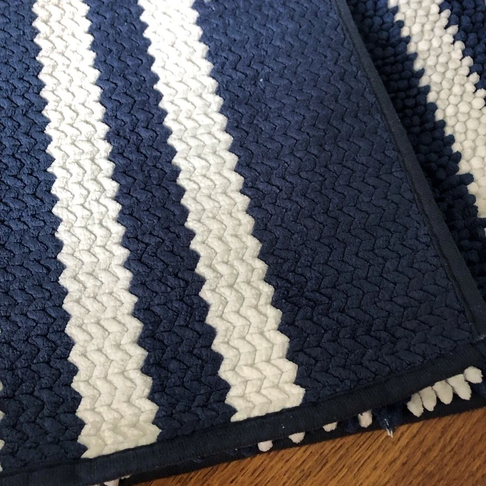 Blue & white striped non skid bathroom rug